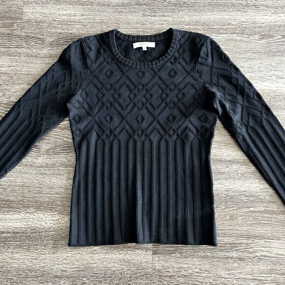 EUC‎ MILLY Black Geometric Ribbed Knit Sweater Top Size Small Stretchy Crew Neck - Picture 8 of 13